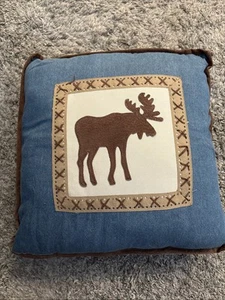 Woolrich Denim and Leather Moose Motif Throw Pillow, Blue Brown Border 16"x16" - Picture 1 of 3
