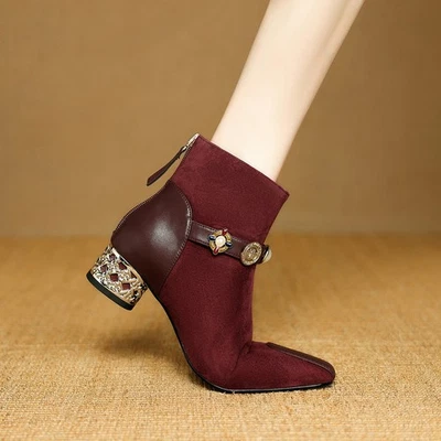 Mujeres Gamuza Real Cuero Puntera Cuadrada Hebilla Botines 3.5cm Tacón Bajo Bloque Cremallera Foto 1 de 4