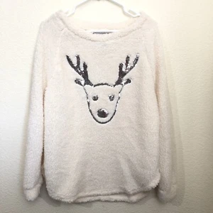 WITH LOVE DEREK Womens Medium Fluffy Christmas Sweater Sequin Reindeer Pullover - Picture 1 of 9