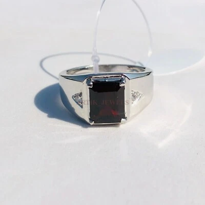 Anello In Argento Sterling 925 Con Gemma Di Granato Naturale Per Uomo AJ788 - Immagine 1 di 2