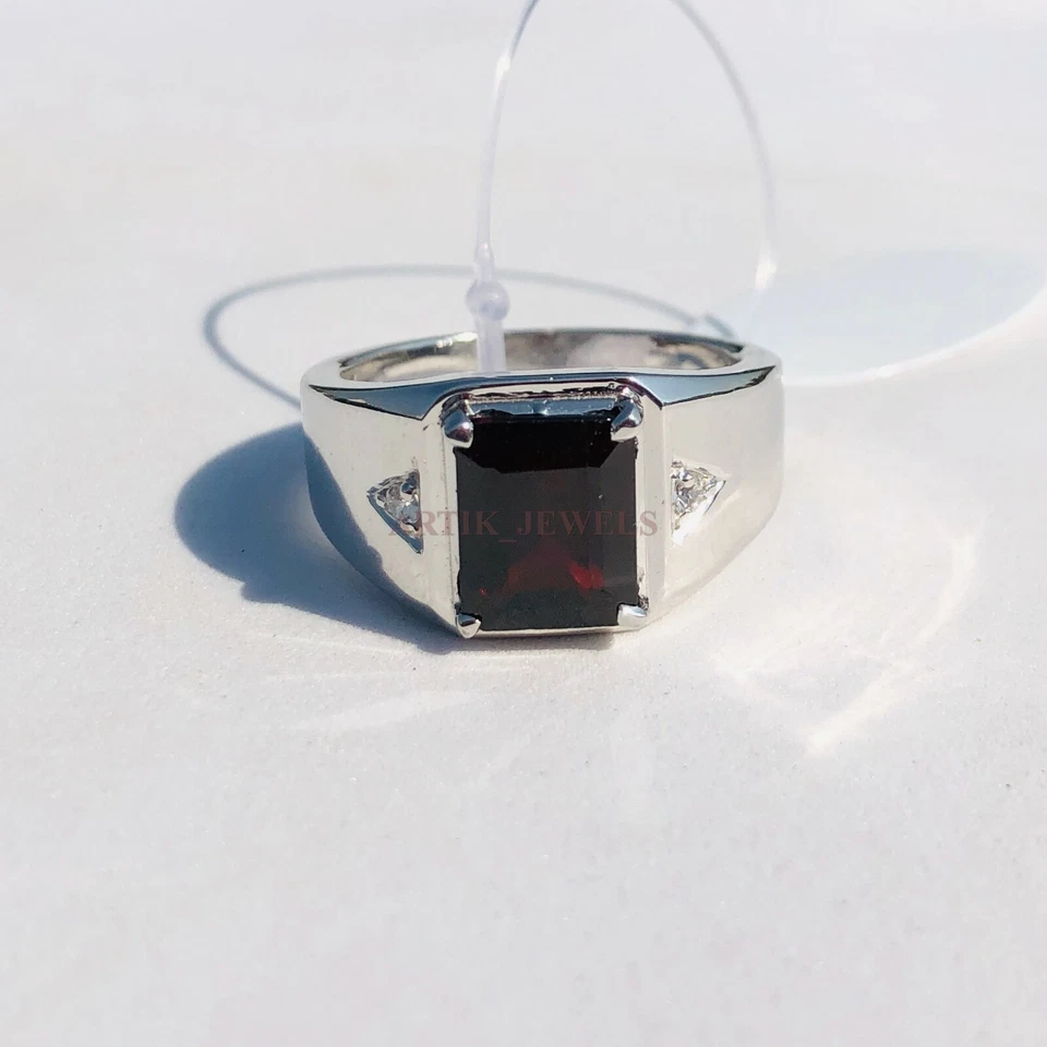 Anello In Argento Sterling 925 Con Gemma Di Granato Naturale Per Uomo AJ788 - Immagine 1 di 2