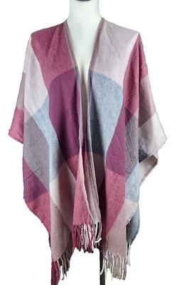 Poncho envolvente a cuadros gris ciruela de marca desconocida con flecos talla única Foto 1 de 4