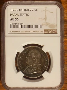 1867 R XXI Italy 2.5 Lire Papal States NGC AU 50 - Picture 1 of 4