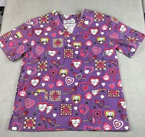 Womens Scrub Top Size XS Valentines Day Purple Hearts Puppy Love Pockets - Picture 1 of 7