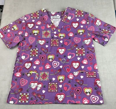 Womens Scrub Top Size  XS Valentines Day Purple Hearts Puppy Love  Pockets - Image 1 of 4