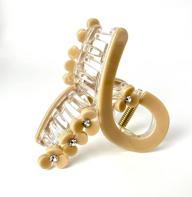 Beige Flower Rhinestone Hair Claw Clip Acrylic Strong Grip Spring Barrette - Image 1 of 4