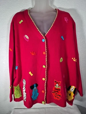 Quacker Factory Red Button-Up Cardigan Dog Lover V-Neck Sweater Size 3X - Image 1 of 4