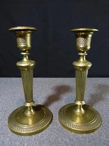 Paire de bougeoir flambeau ancien 19 siècle XIX en bronze laiton style Louis XVI - Imagen 1 de 21