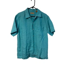 Martin Gordon Mens Linen Shirt Teal Short Sleeve Button Up Casual Medium - Picture 1 of 8