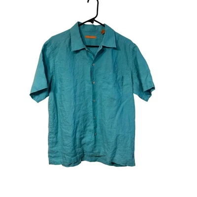 Martin Gordon Mens Linen Shirt Teal Short Sleeve Button Up Casual Medium - Image 1 of 4