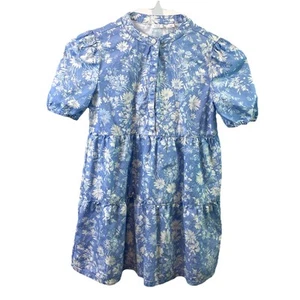 Gap Girls Dress Cornflower Blue White Floral 100% Cotton Tiered Puff Sleeves S - Picture 1 of 8