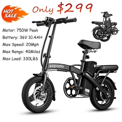Folding Electric Bike 750W Peak 14" 2 Seater Mini Commuter Ebike Long Range 40Mi - Image 1 of 4