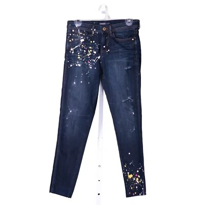 ZARA Women's Jeans Size 4 Blue Distressed Paint Splatter Low Rise Skinny Denim - Image 1 of 4