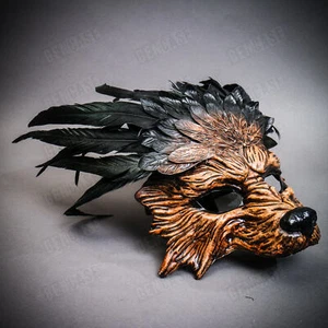 Brauner wilder Wolf Maskerade Maske mit Feder Halloween Kostüm Party Cosplay - Bild 1 von 3