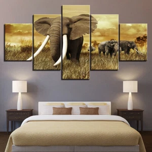 Africa Grassland Elephants Animals Canvas Prints Painting Wall Art Home Decor 5P - Picture 1 of 5