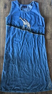 New Direction Blue Denim Loose Flowy Casual Midi Dress w/ Giraffe Embroidery L - Picture 1 of 12