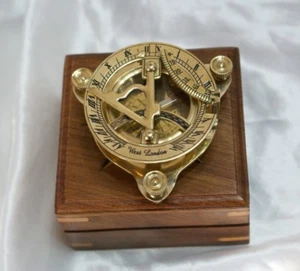 Meridiana bussola in ottone con scatola in legno mosaico navigazione in mare - Picture 1 of 1