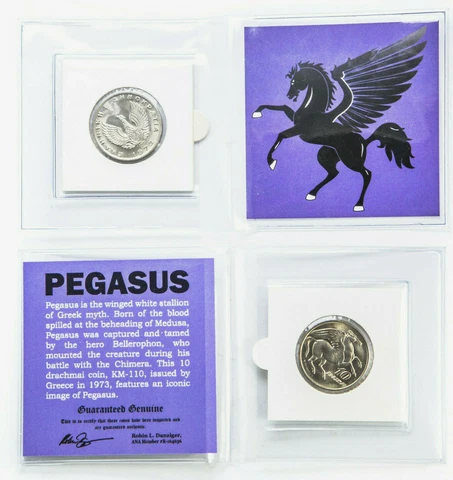 Pegasus 10 Drachmai Greek Coin 1973 - COA & Coin Holder & Mini Album Included Cover