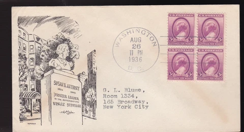 SUSAN B ANTHONY #784 BLOCK US FIRST DAY COVER 1936, TOMBAK CACHET FDC Cover