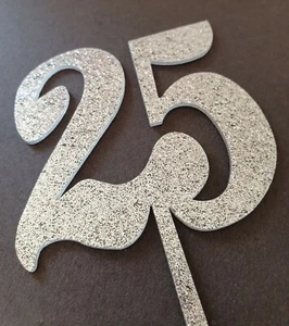 25TH BIRTHDAY/ANNIVERSARY CAKE TOPPER-SILVER GLITTER ACRYLIC SIGN, DECORATION - Picture 1 of 4