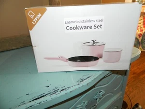 17Pin Enameled Stainless Steel Cookware 3 Piece Set  PINK New - Picture 1 of 5