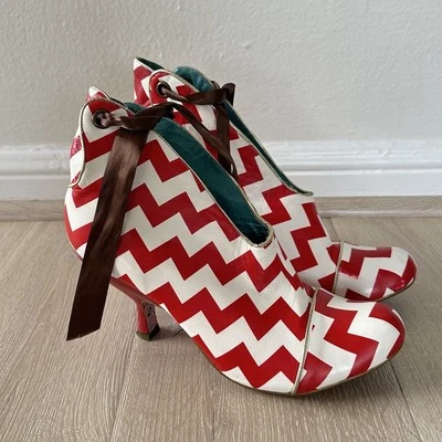 Vintage Irregular Choice Can Can Red White Boots Leather Booties Tie Zigzag 40.5 - Image 1 of 4
