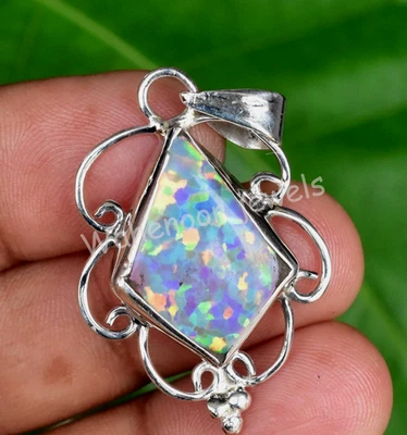 17.50 CT Naturale Bianco Fuoco Opale 925 Argento Sterling Fatto a Mano Ciondolo - Immagine 1 di 4