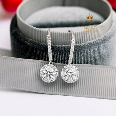 3 CT Round Cut VVS1 Moissanite Drop/Dangle Earrings Solid 14K White Gold For Her - Image 1 of 4