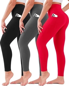 Women's Size L-XL 3 Pk High Waisted Yoga Running Leggings Pocket Black Red Gray - Picture 1 of 5