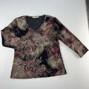 Blusa Peter Nygard Top Mediana Cuello en V Cachemira Burnout Elastizada Negra Borgoña - Imagen 1 de 9