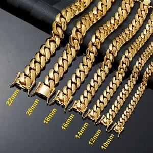 8-22mm Miami Cuban Link Chain Necklace 14k Gold Plated Stainless Steel Bracelet - Picture 1 of 8