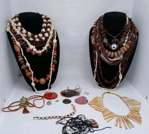 Wooden Beaded Statement Jewelry Lot Necklaces Earth Tone - Picture 1 of 5