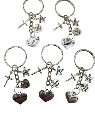 BIRTHDAY FAMILY KEYRING Crucifix Love Heart Charm Pendant Gift * Huge Range * - Image 1 of 2