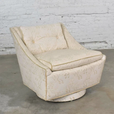 Vintage Art Deco Petite White Swivel Chair with Embroidered Leather by Oxford Lt Cover