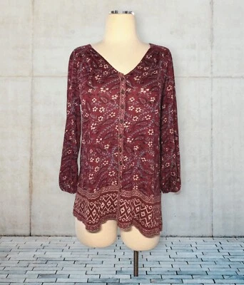 New LUCKY BRAND Burgundy Blue FLORAL Top LINEN BLEND Size XS V-Neck Peasant - Image 1 of 4
