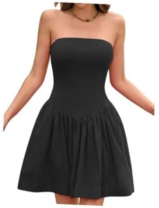 Womens Summer Strapless Mini Dress 2025 Trendy Off Shoulder Tube Medium Black - Picture 1 of 7
