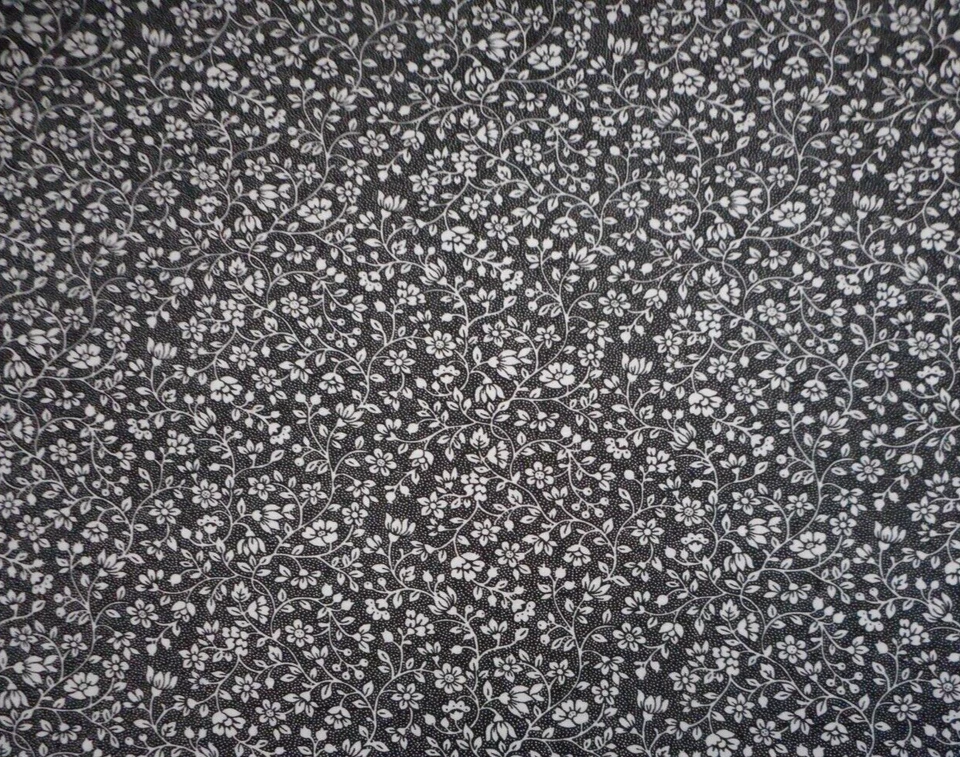 Civil War Reproduction Fabric 7/8 Yard White Floral Vines & Dots Black Cotton - Image 1 of 2