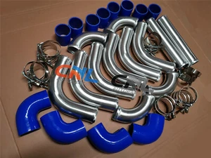 2" 51 Aluminum Universal Intercooler Turbo Piping & BLUE Hose T-Clamp Kits 12pcs - Afbeelding 1 van 10