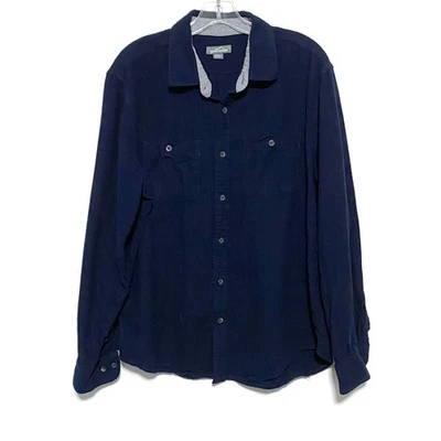 Eddie Bauer 海军蓝法兰绒纽扣衬衫男式 L 翻盖袖口学院风经典户外 — 第 1/4 张图片