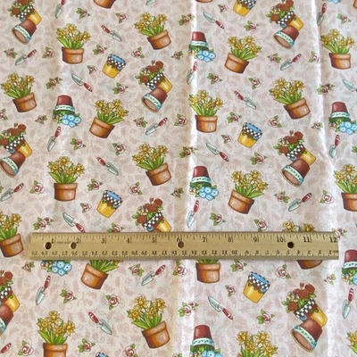 Mary Engelbreit Cranston Flower Pot Toss Fabric Pink 20x44 Plus - Image 1 of 4