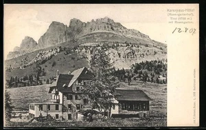 Karersee, Karerpass-Hotel Rosengartenhof mit Rosengarten, Ansichtskarte - Bild 1 von 2