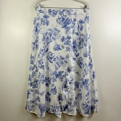 Falda midi Land 'N Sea azul blanco floral toile mezcla de lino con volantes medianos casa de campo Foto 1 de 4