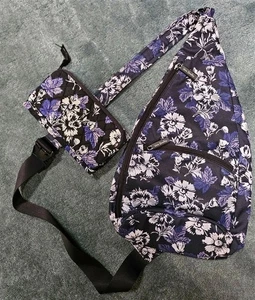VERA BRADLEY CARGO SLING BAG BLACK W/ VIOLET AND WHITE FLOWERS MATCHING WALLET - Picture 1 of 5