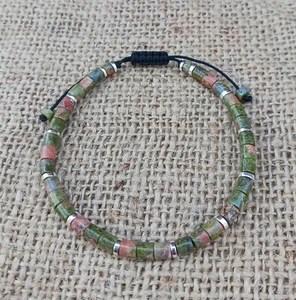 NATURAL UKANITE & SILVER HEMATITE HEISHI BEAD ADJUSTABLE GEMSTONE BRACELET - Picture 1 of 4