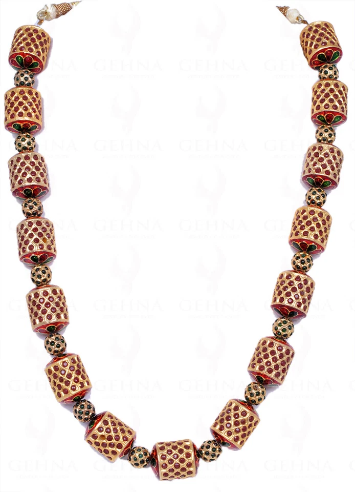 Collar de bola y tambor Jadau con tachuelas de piedra rubí y esmeralda LN011071 Foto 1 de 2