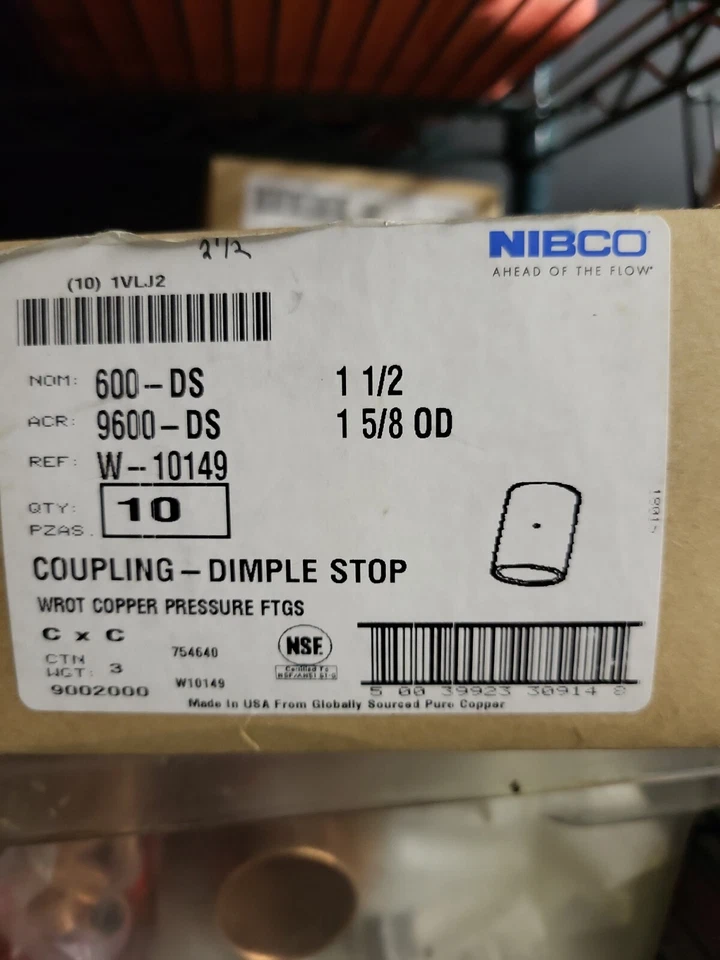 NIBCO  600-DS  1-1/2" Wrot Copper CxC DIMP-STOP Coupling Box of 10 - Image 1 of 1