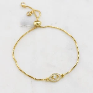 Gold Evil Eye Greek Turkish Zirconia Adjustable Box Chain Brass Bracelet - Picture 1 of 4