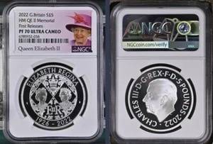 2022 UK QUEEN ELIZABETH II MEMORIAL KING CHARLES III £5 SILVER PROOF PF70 FR - Picture 1 of 3