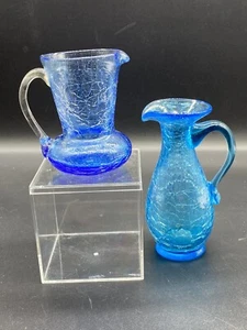 Set 2 MCM Blue Crackle Glass Pitchers with Applied Handle Small Vases - Picture 1 of 15