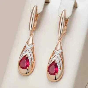 2 Ct Pear Cut Simulated Red Ruby Women Drop/Dangle Earrings 14K Rose Gold Plated - Picture 1 of 6